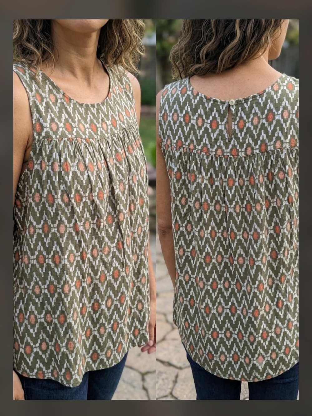 SONOMA - Size XL Olive Geo Print Tank Top with Coral & Cream Accents